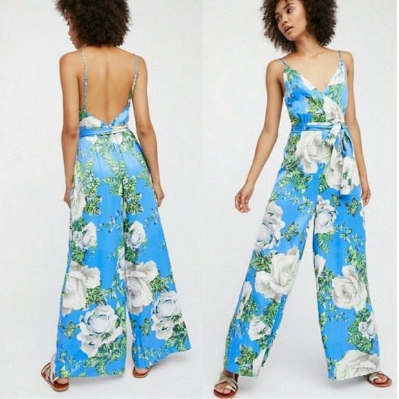 Free People Pants - Free People Cabbage Rose Jumpsuit Blue Sleeveless Wide Leg Size 6